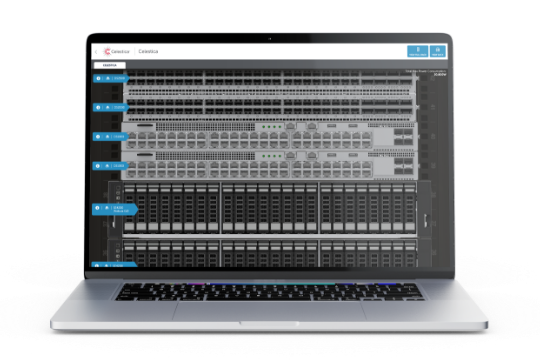 A laptop screen featuring a screenshot of Celestica's Rack Configurator Design tool.