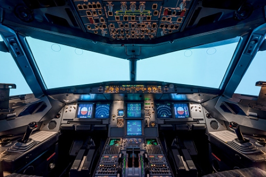 Cockpit controls on a defense aircraft.