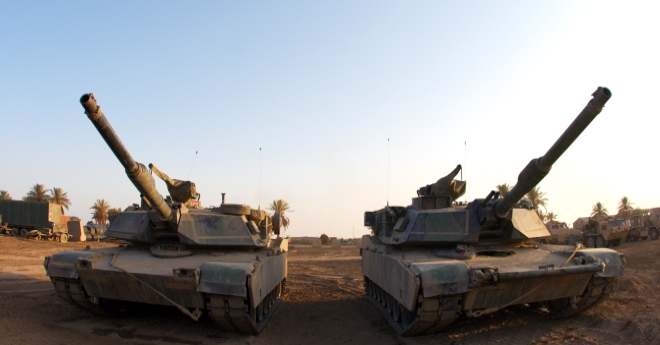Two tanks in a desert.