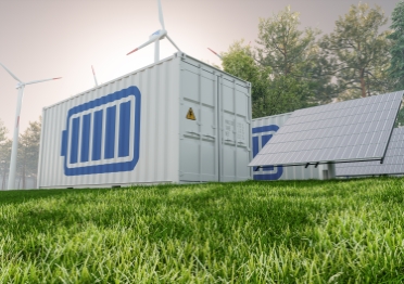 Celestica expertise in Solar Panel, wind turbines and Li-ion Battery Container With Blue Sky Background. Energy Storage System