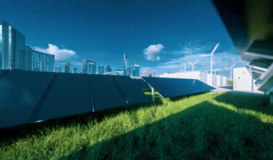 Sustainable technology, solar panels, energy storage and wind turbines in an urban setting.&nbsp;
