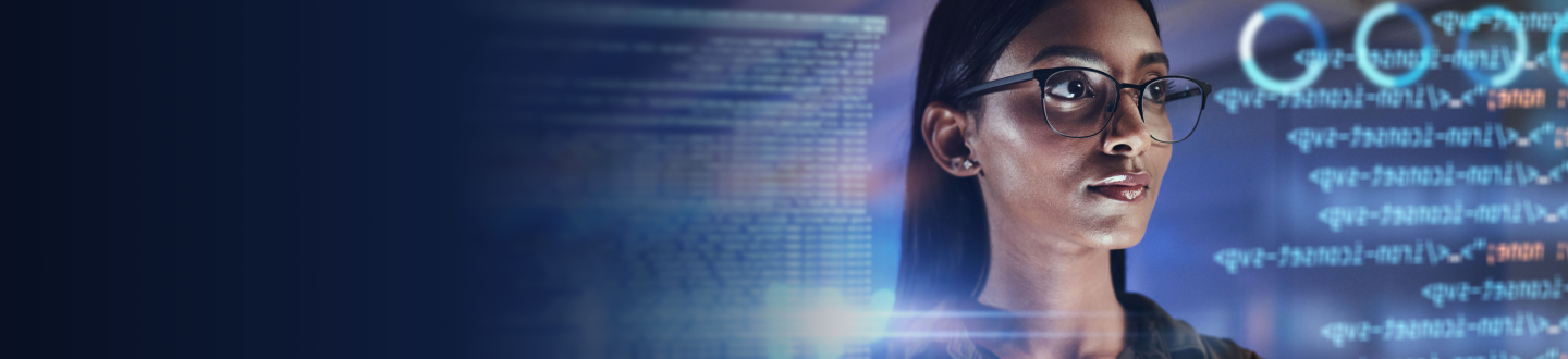 Decorative image of a woman looking at an abstract digital interface