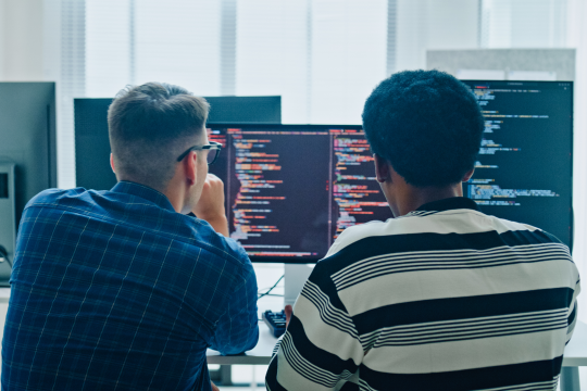 Decorative image of two men looking at a computer screen
